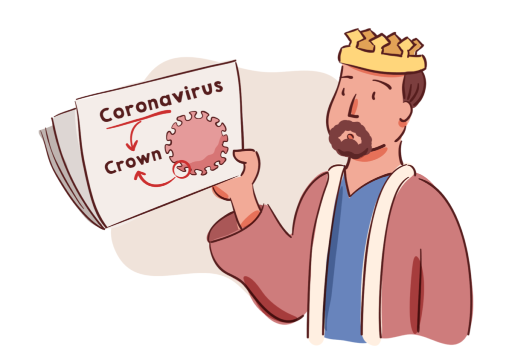 A king character showing what coronavirus looks like.