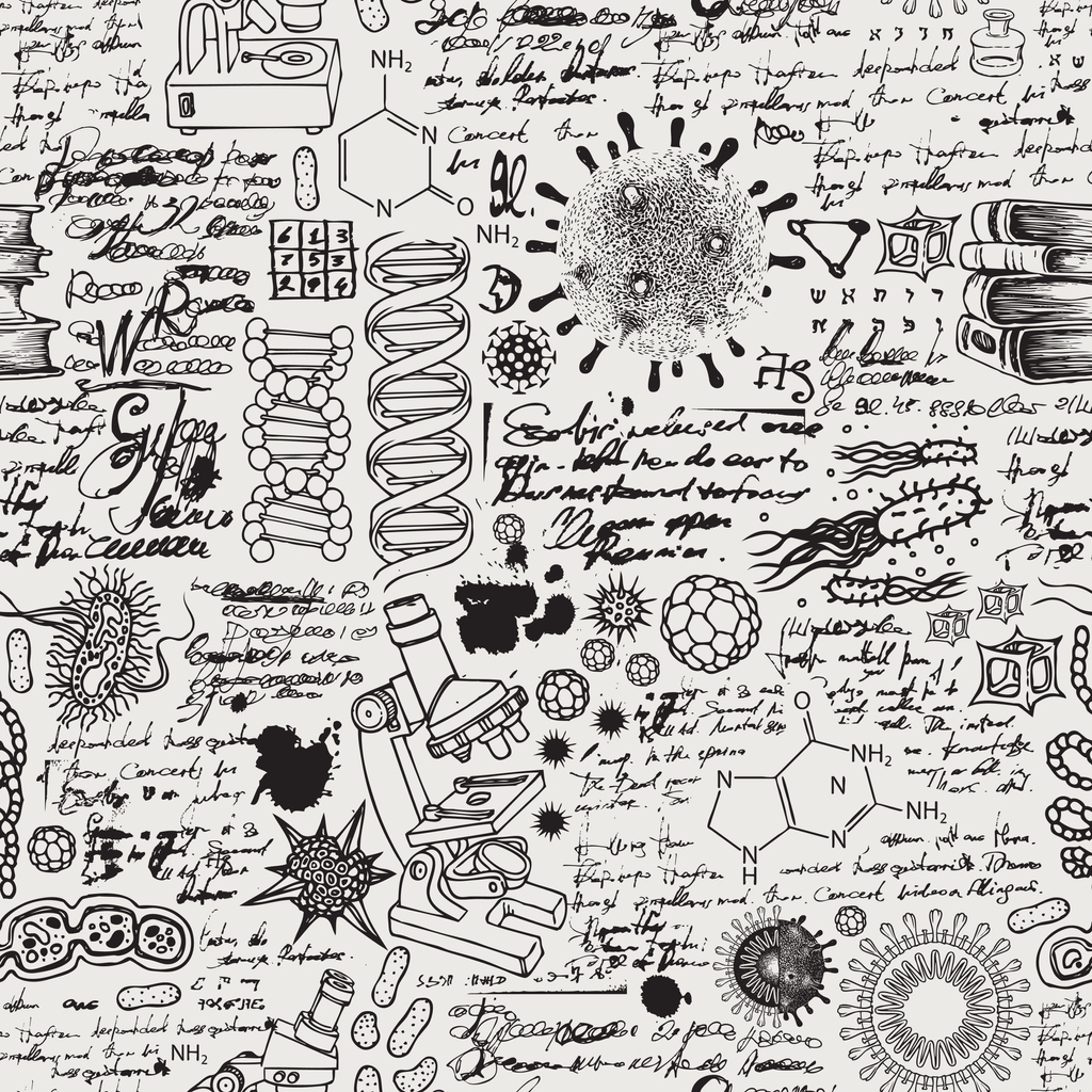 Vector seamless pattern on the theme of chemistry, biology, genetics, medicine. Hand-drawn background with sketches, doodles, illegible entries and notes. Black and white illustration in retro style