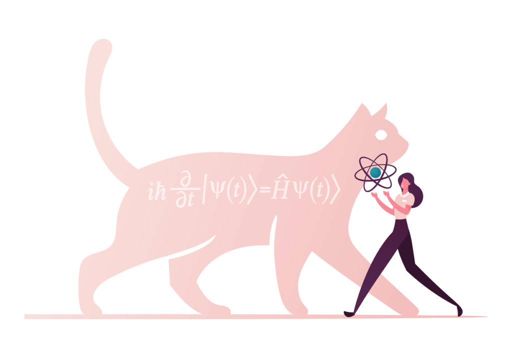 Cat of Schrodinger Equation, Physics Formula, SchrÃ¶dinger Superposition Experiment in Quantum Mechanics. Female Character Carry Atom Model. Contemporary Science Concept. Cartoon Vector Illustration