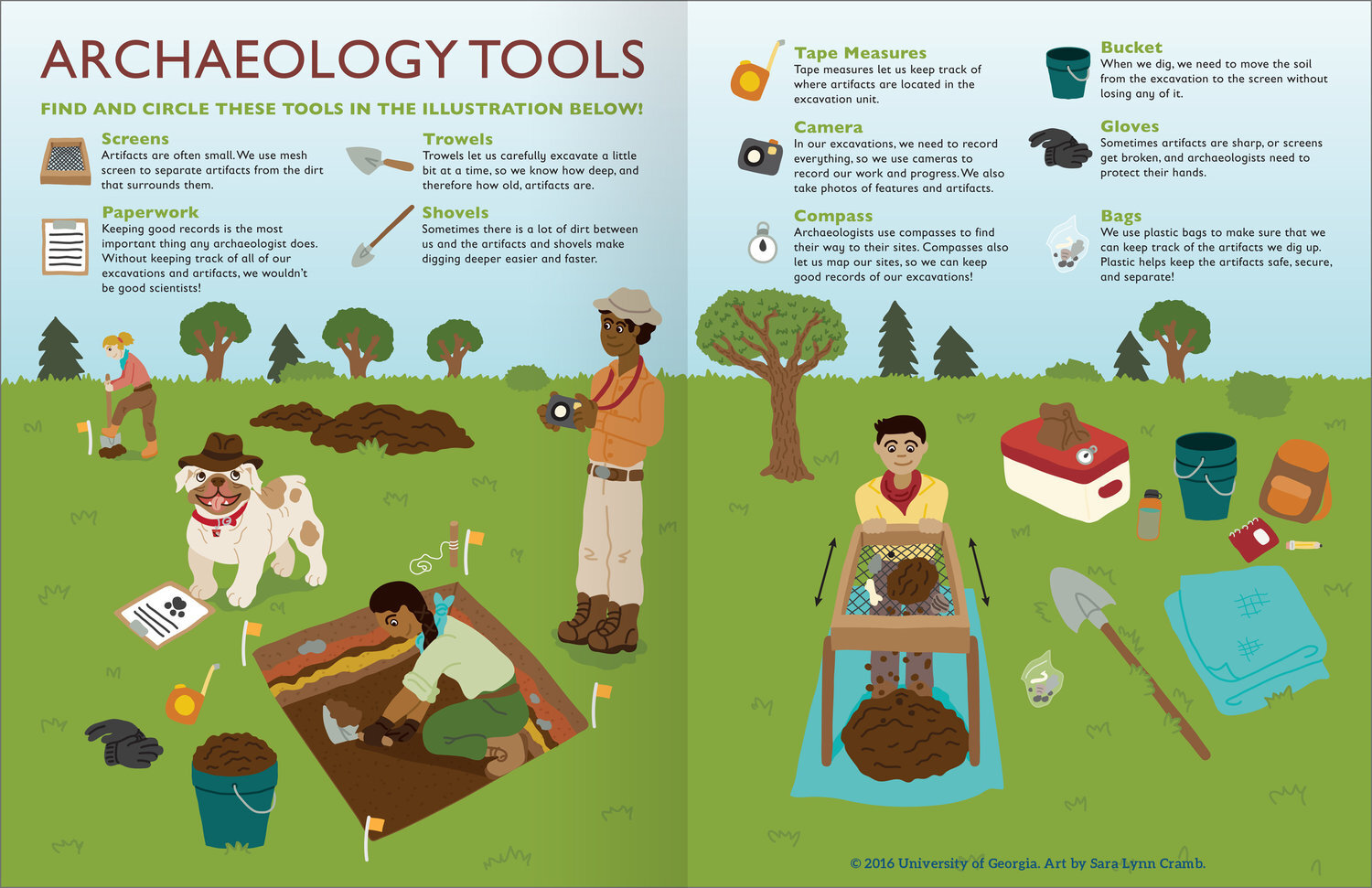 This illustration, created for the University of Georgia’s Junior Archaeologist Workbook, shows various tools used in the field while at an archaeological dig. Bright colors are used to draw attention to, and differentiate, the different objects. The people in the illustration are diverse in both their race and gender, encouraging inclusivity. A bit of interactivity was included in this illustration, as well as others in the workbook, in the form of a search and find, which in addition to teaching children about the role each tool has to play in fieldwork, also reinforces their learning in the form of a game.