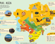 This illustration is from a world atlas book illustrated for Marshall Editions. Each continent was broken up into sections and the culture of the people of that area were highlighted in the text, photos, and illustrations. The text was broken down into easy to understand chunks by the author, and I created maps with enough detail to help kids understand the shape of the continents and countries and the cultural elements scattered across the map in specific locations. Bright colors and bold silhouettes were used throughout the book to maintain a lively tone to encourage engagement with other cultures.