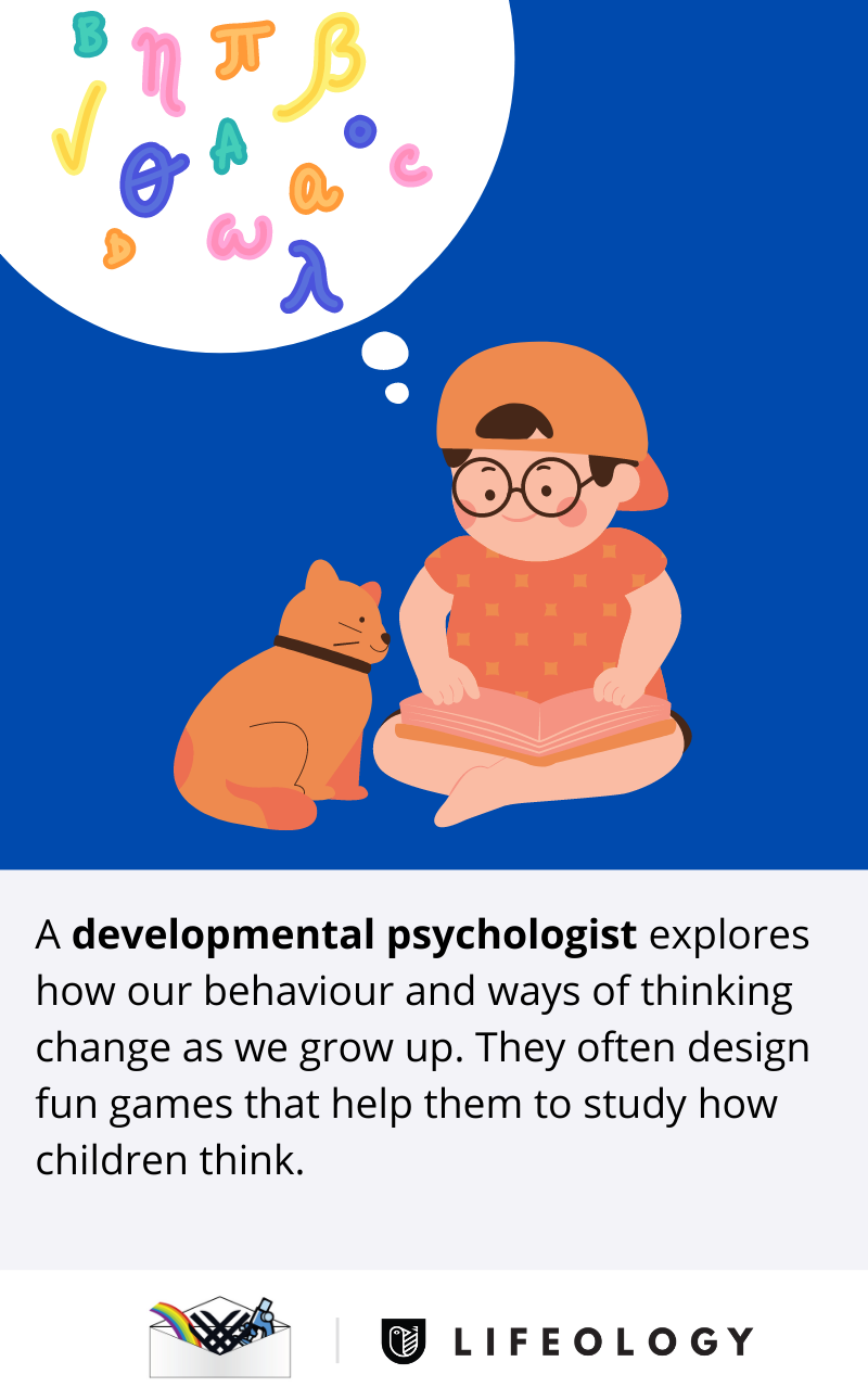 A flashcard describing what a developmental psychologist does