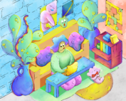 Person in a colorful room sitting on the floor using a laptop put on a table in front of them.