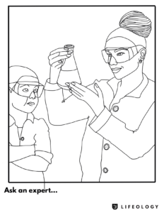 A coloring sheet showing a female scientist with a flask and a young boy observing her.