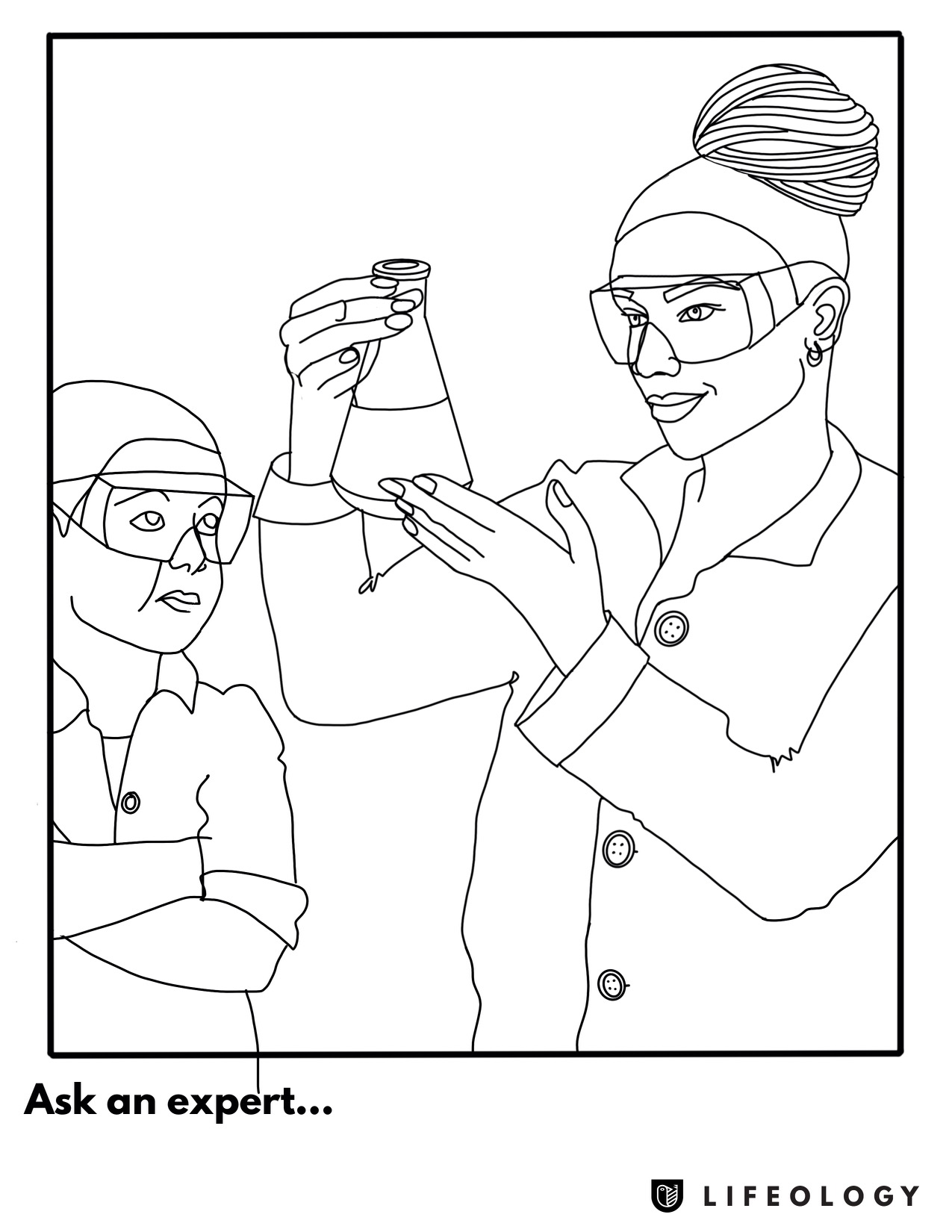 A coloring sheet showing a female scientist with a flask and a young boy observing her.