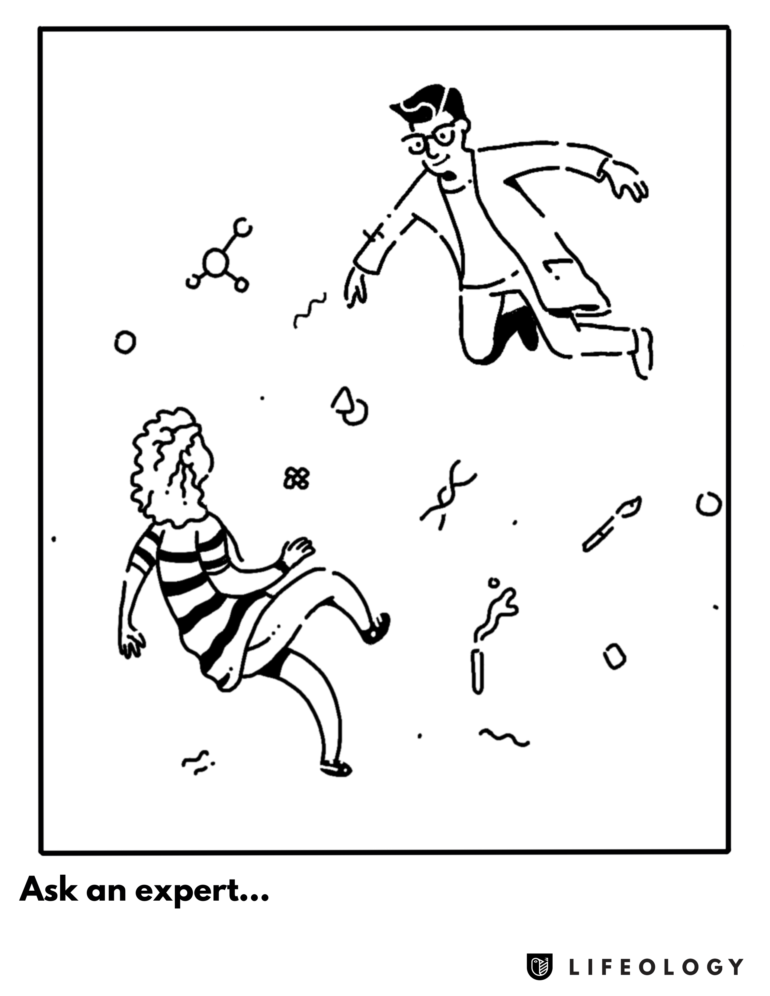 A coloring sheet of a science expert and girl floating.