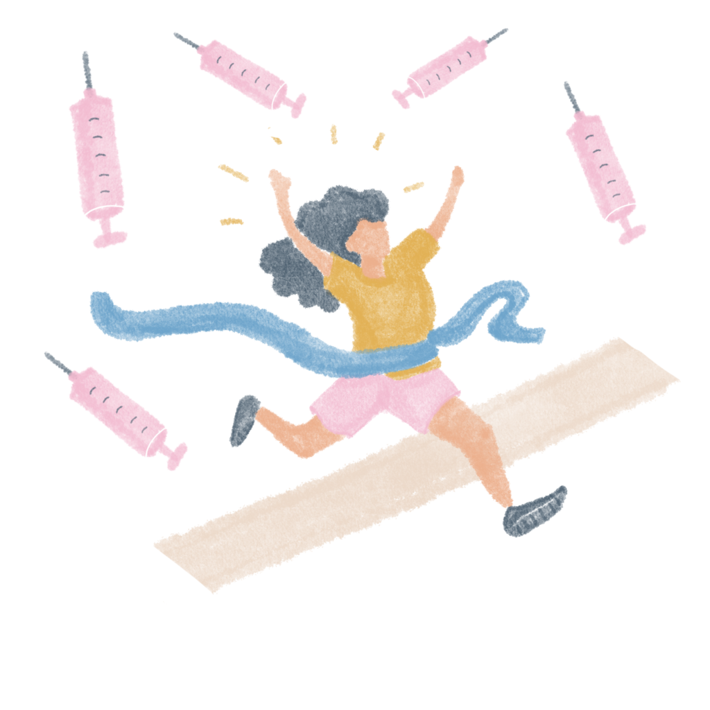 Vaccine race finish line celebration, illustration by Fancy Castillo