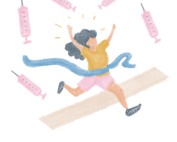 Vaccine race finish line celebration, illustration by Fancy Castillo