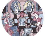 An illustration of people holding up different paintings of DNA