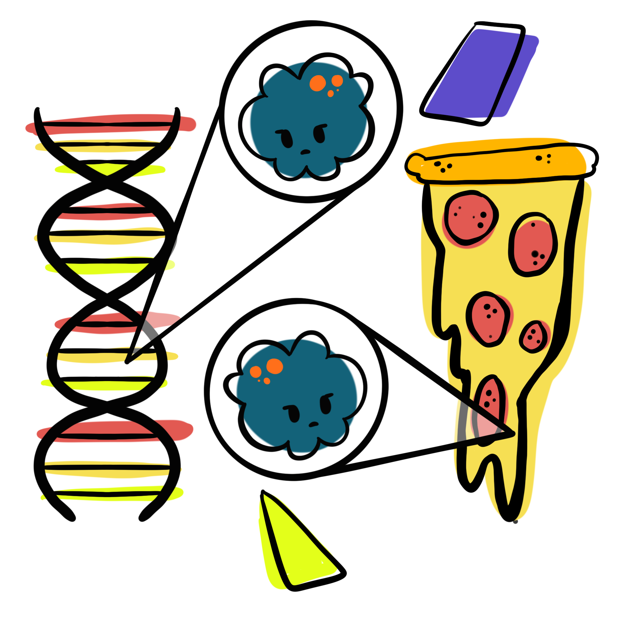 Illustration of DNA with cholesterol characters and examples of bad food.