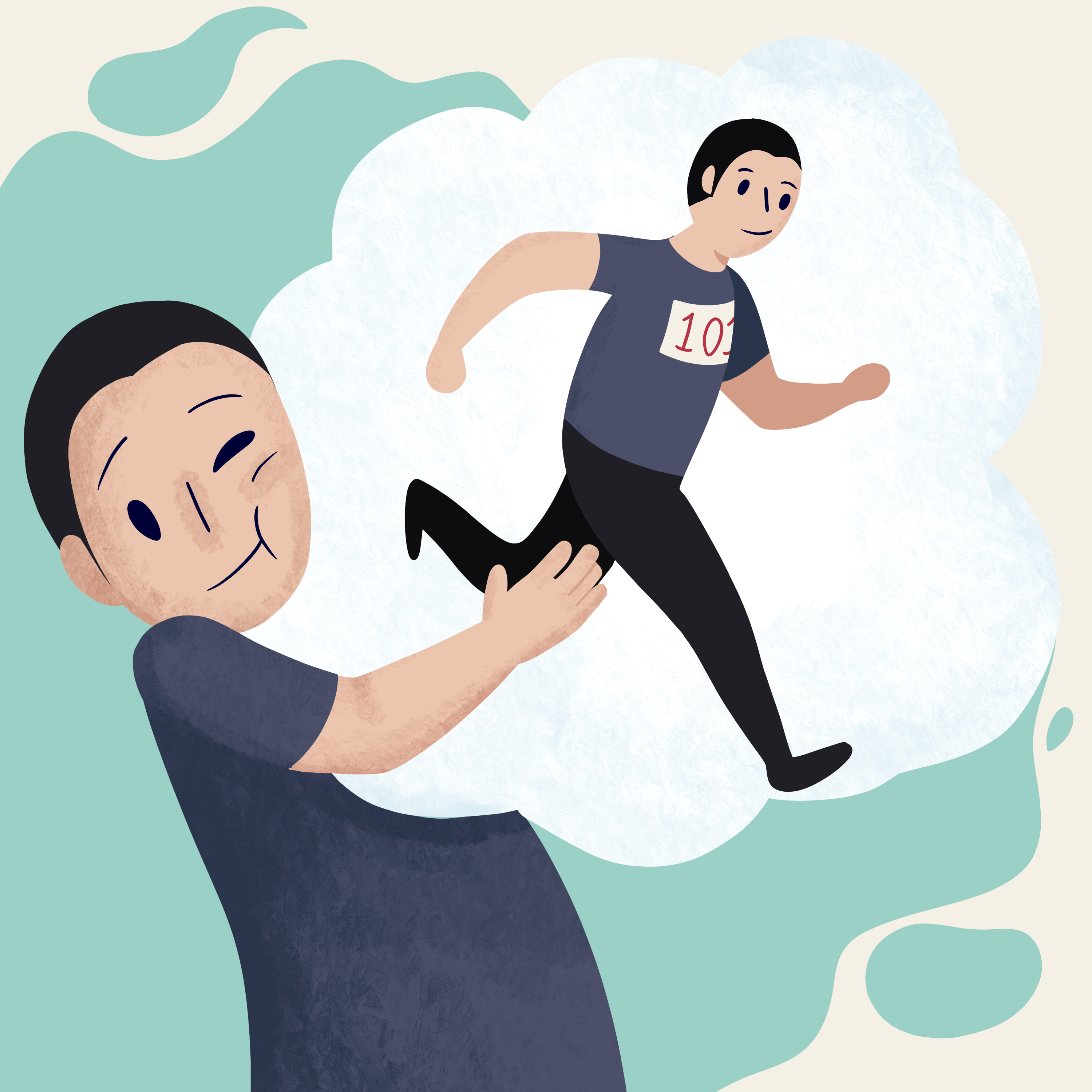 An illustration of a man experiencing the endowment effect. he is hugging his visualization of running the race, attaching his emotions to the visualization.