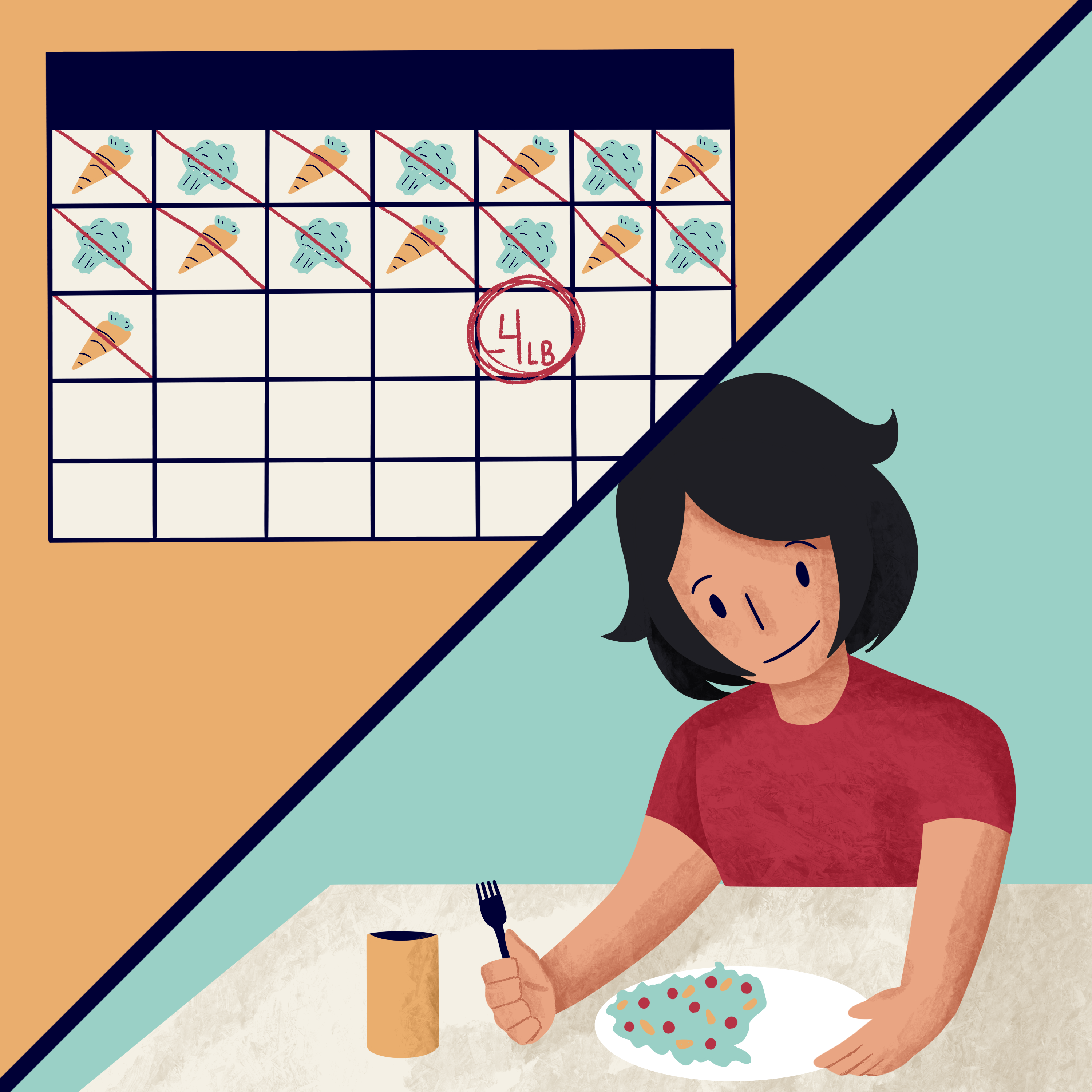 An illustration of a woman actively eating better with checkmarks on a calendar showing when she ate healthy meals.