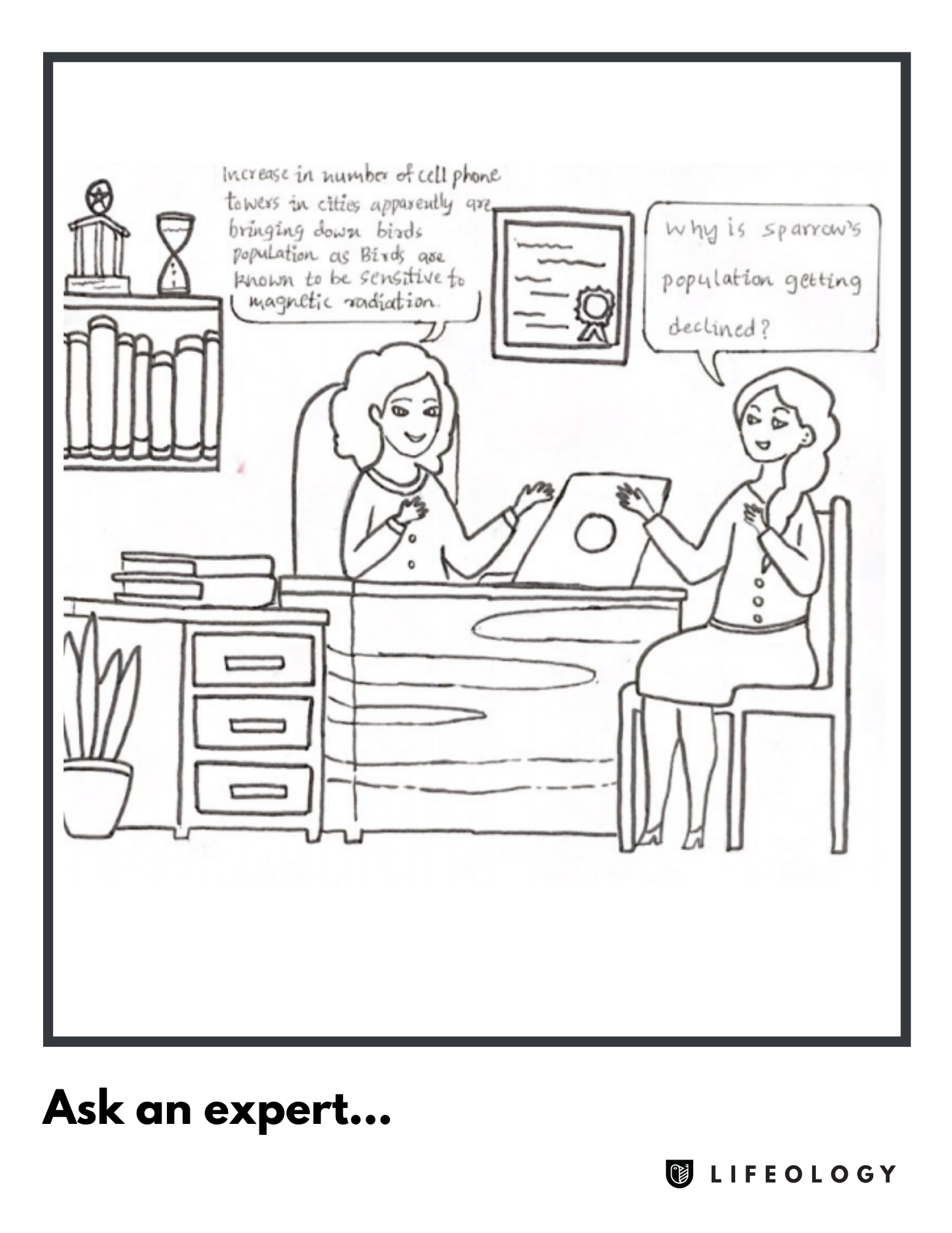A coloring page sheet of two females in an office, one is an expert and has her credentials on the wall. The other is asking her a question.