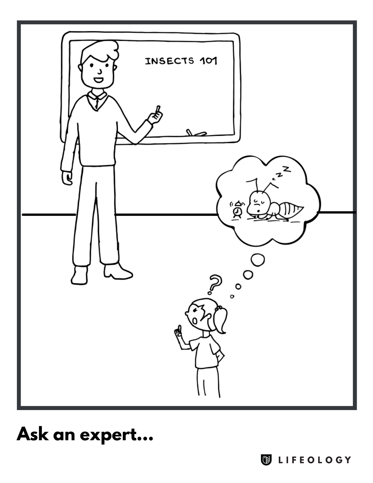 A coloring page sheet of a research lab scene scene with a child asking questions