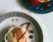 Pancakes (representing earth) on plate with chocolate ring quote- and people have breakfast over here