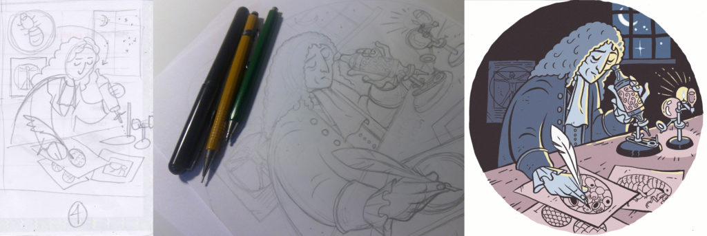 An image showing the process of sketch to final illustration