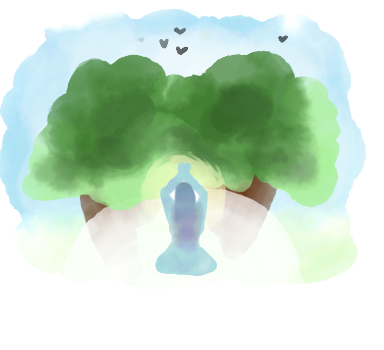 A blue figure sits on the ground in a yoga pose surrounded by a nature scene with green trees, a blue sky and birds flying.
