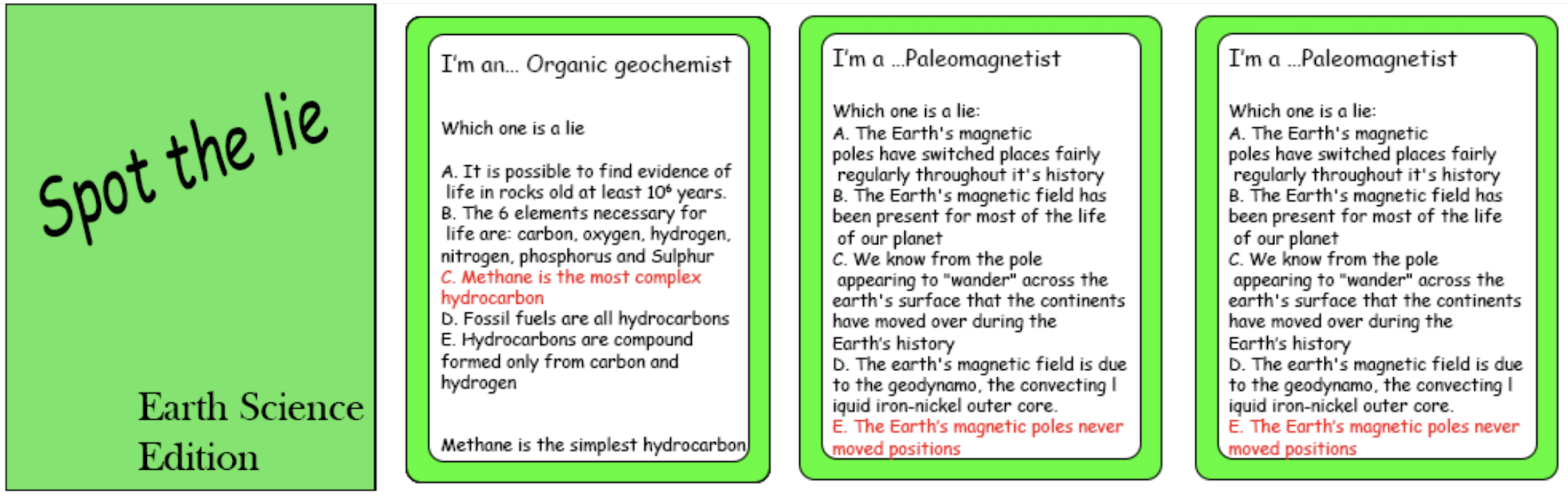 An image of the intro card for a "spot the lie" card game along with three playing cards. On each card is a scientific occupation, with a series of facts, one of which is a lie.