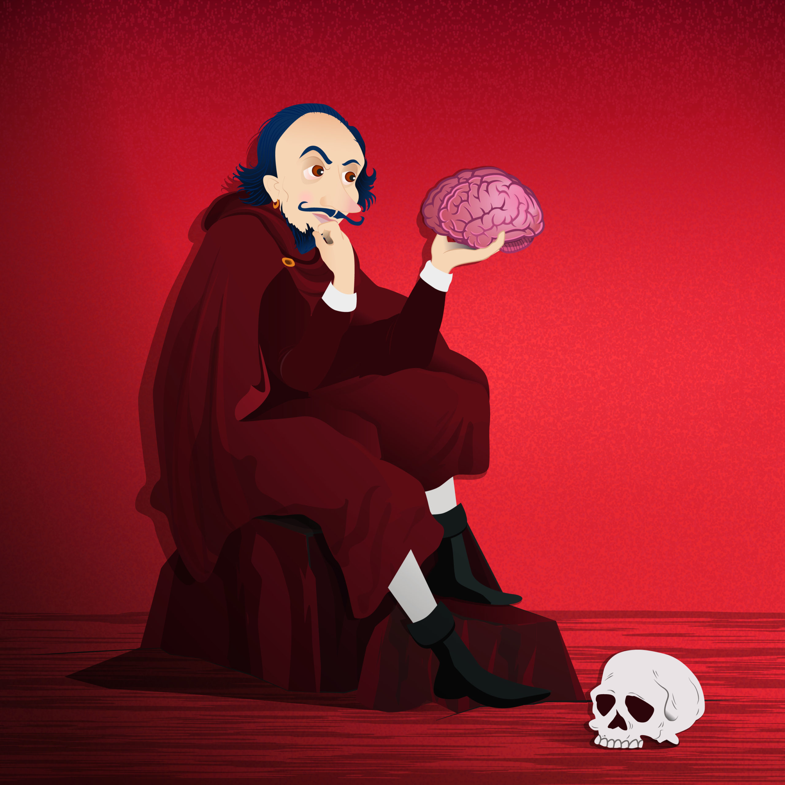 Drawing of Shakespeare sitting pondering with brain in his hand and skull on the ground