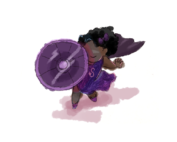 A drawing of a Black woman wearing a purple dress with an 'S' on it and a purple cape holding a shield up into the air