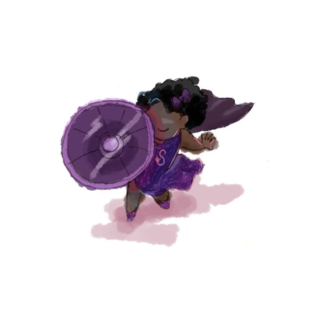 A drawing of a Black woman wearing a purple dress with an 'S' on it and a purple cape holding a shield up into the air