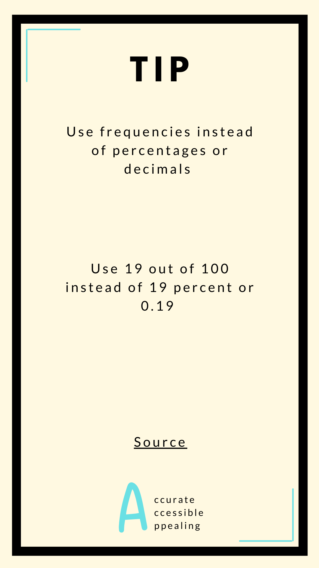 Tip- Use frequencies instead of percentages or decimals - Use 19 out of 100 instead of 19 percent or 0.19 - Accurate, Accessible, and Appealing