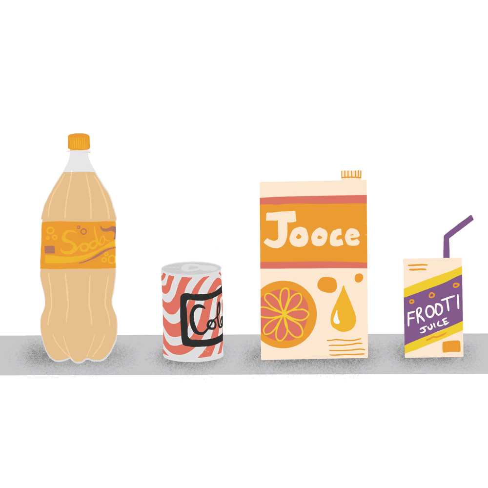 An animated gif of sugary foods and drink on a supermarket conveyor belt.