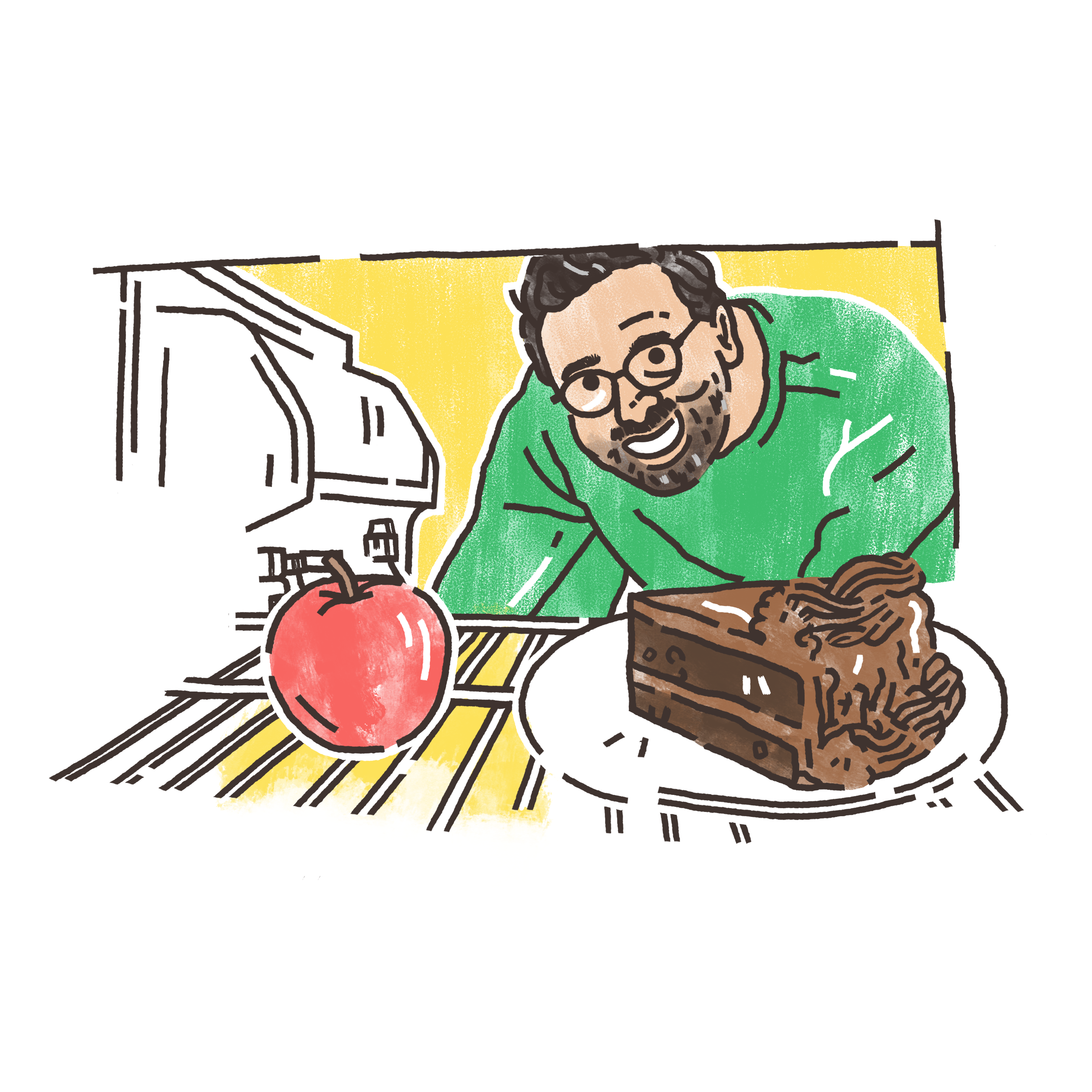 A man looking inside the fridge. There are two food options- an apple and a slice of chocolate cake.