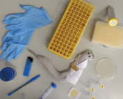 Stuffed C. Elegans plush wearing a mini lab coat surrounded by latex gloves, vial rack, pen, lighter, agar plate, and other science lab tools