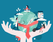 Doctor female using stethoscope listening to planet Earth globe with body temperature thermometer in human hands palms, vector flat illustration. World Health Day, save our planet, global health care.