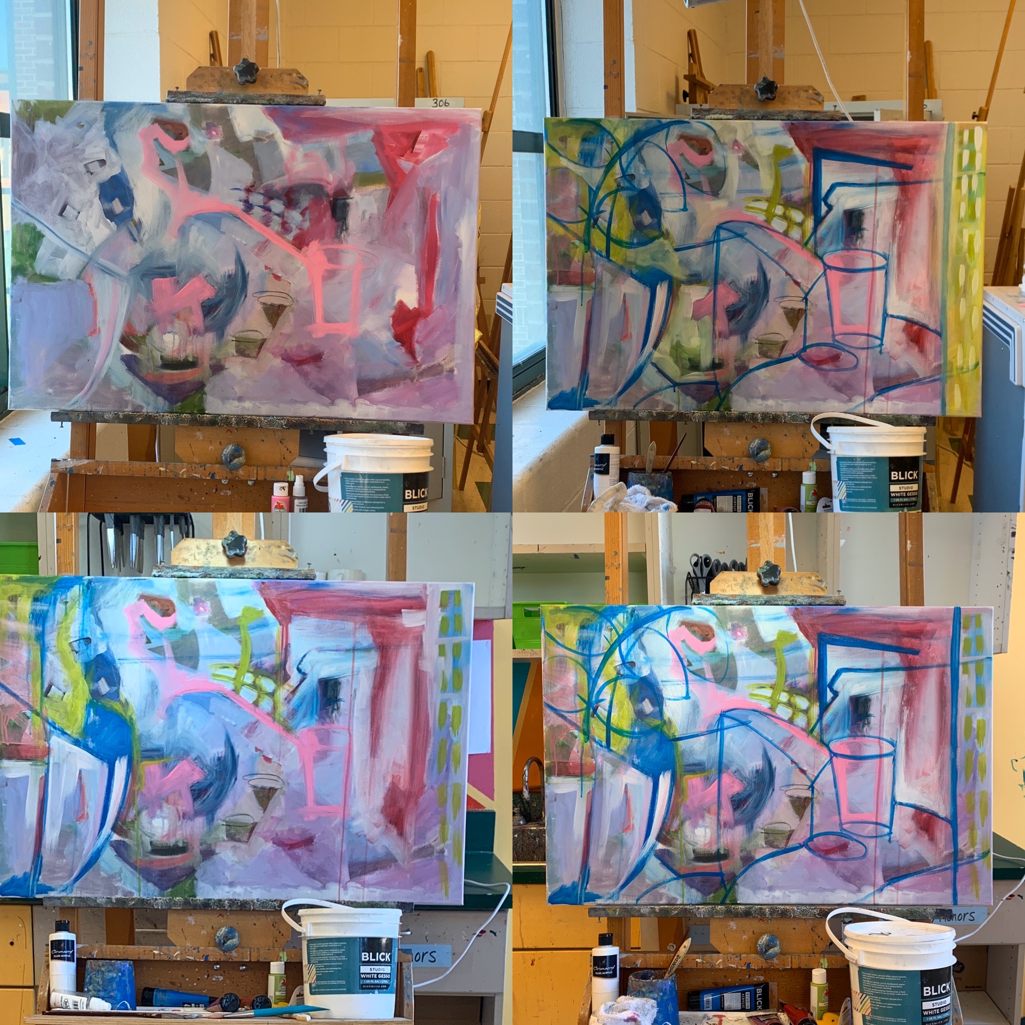Work in Progress. The photo shows a painting in four different stages and how layering and wiping away techniques have been used. Acrylic paint on canvas by Elaine Algarra