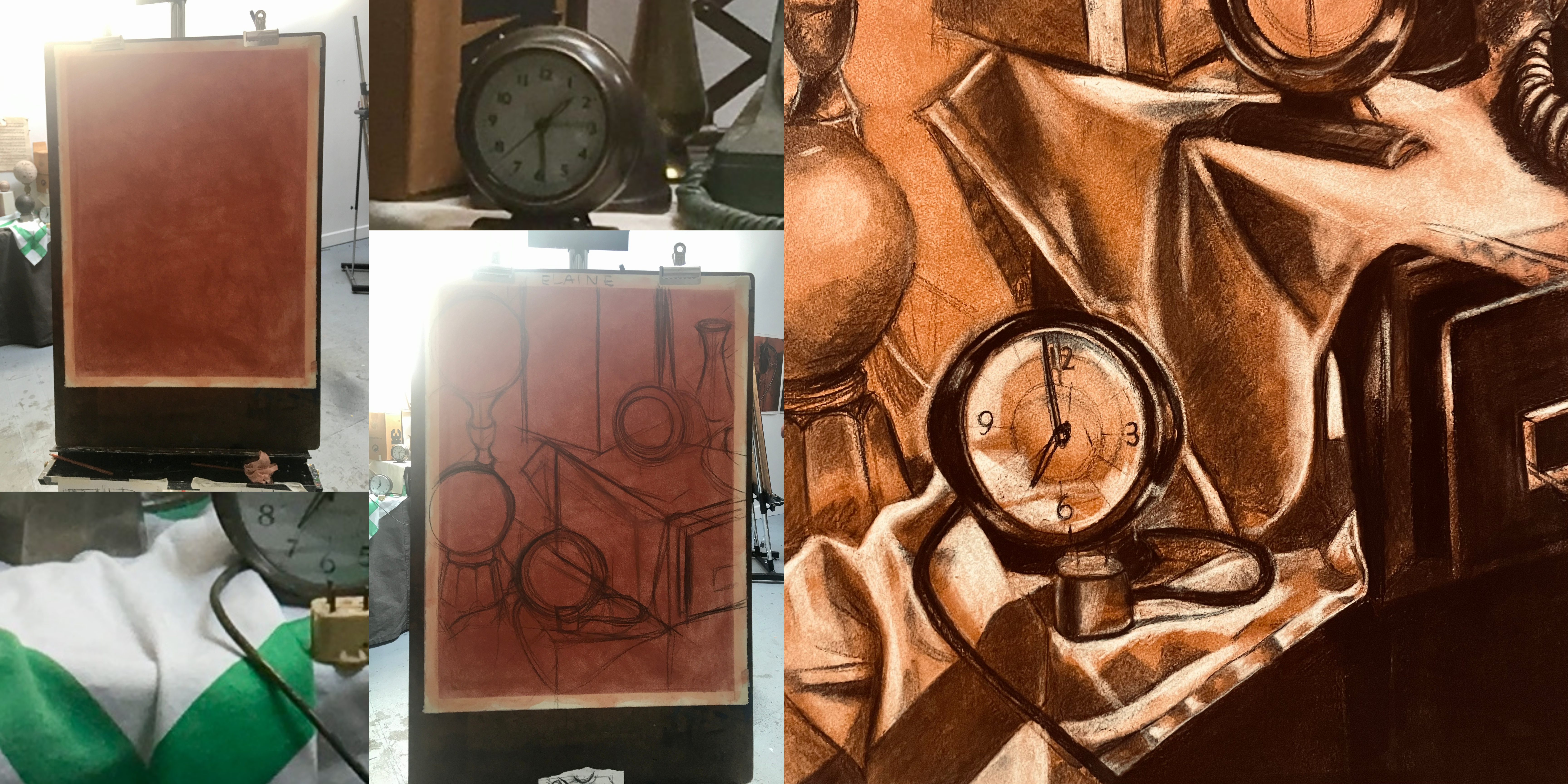 Composite image showing a still life grouping in the background and a drawing in progress at three stages. A sienna ground is added to paper with a chamois and a light sketch created using vine charcoal. On the right is the drawing in a midway stage, light has been lifted out with an eraser.