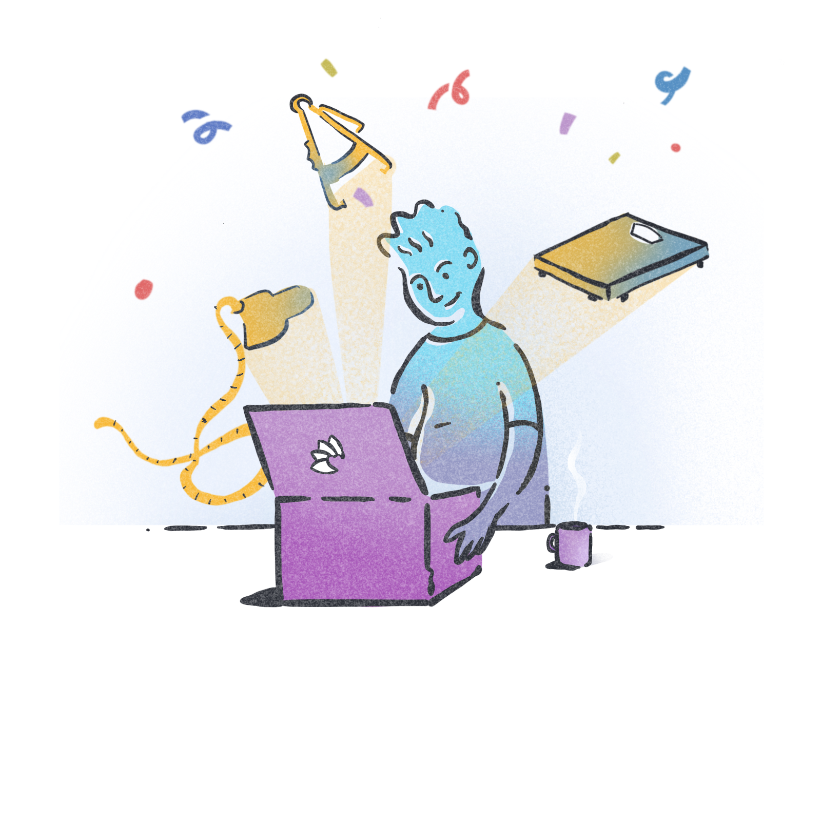 Illustration of a man opening his success kit with fat calipers, a measuring tape and a scale exploding out of the box with confetti.