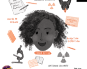 An illustration of Dr. Ciara Sivels by Anna Doherty. It is a portrait surrounded by a microscope, books, scientific papers, a dog.