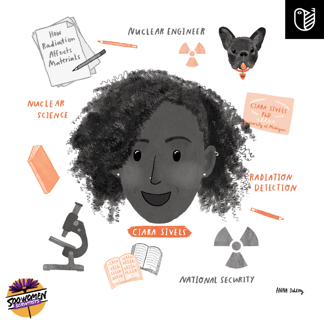 An illustration of Dr. Ciara Sivels by Anna Doherty. It is a portrait surrounded by a microscope, books, scientific papers, a dog.