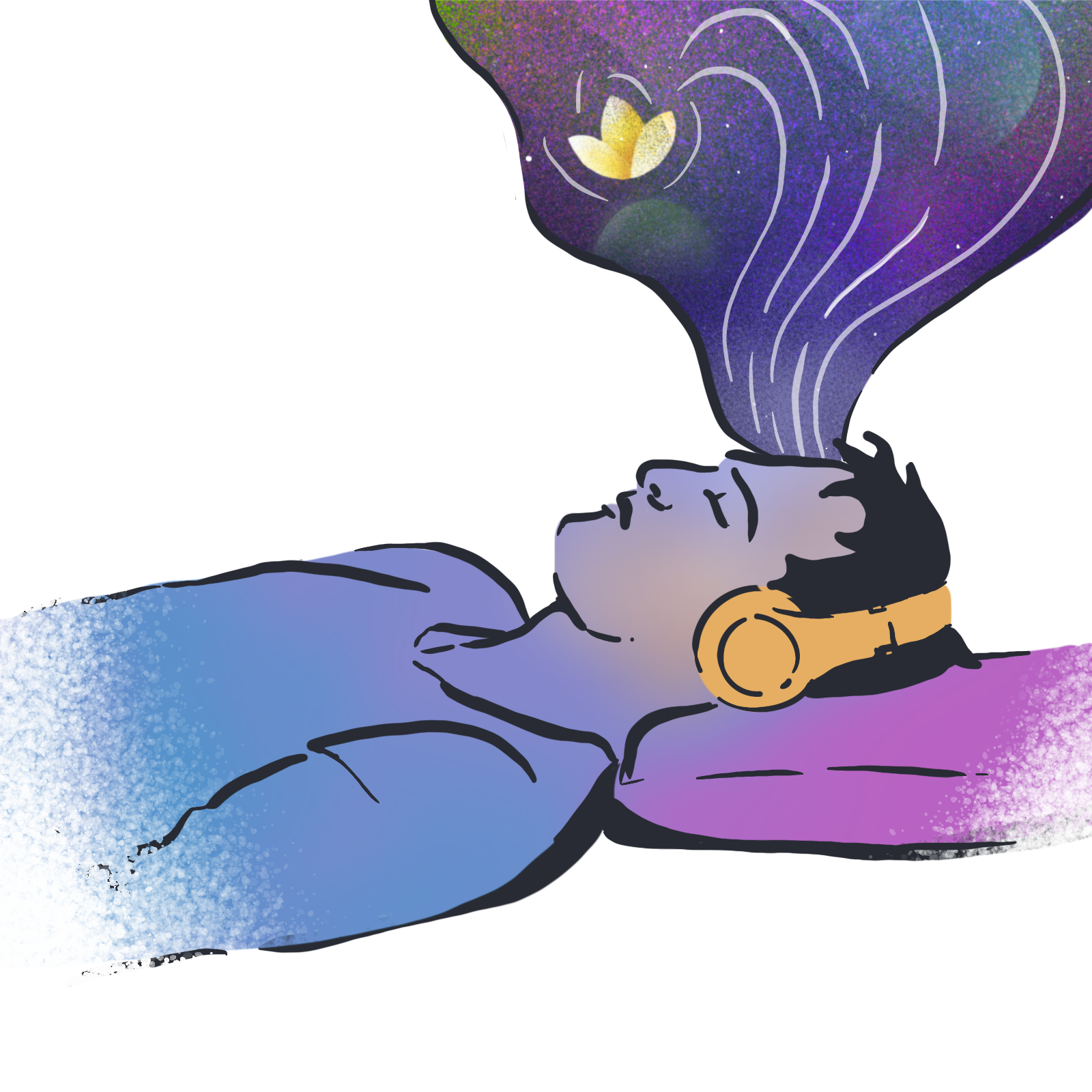 An illustration of a man wearing headphones listening to a guided meditation.