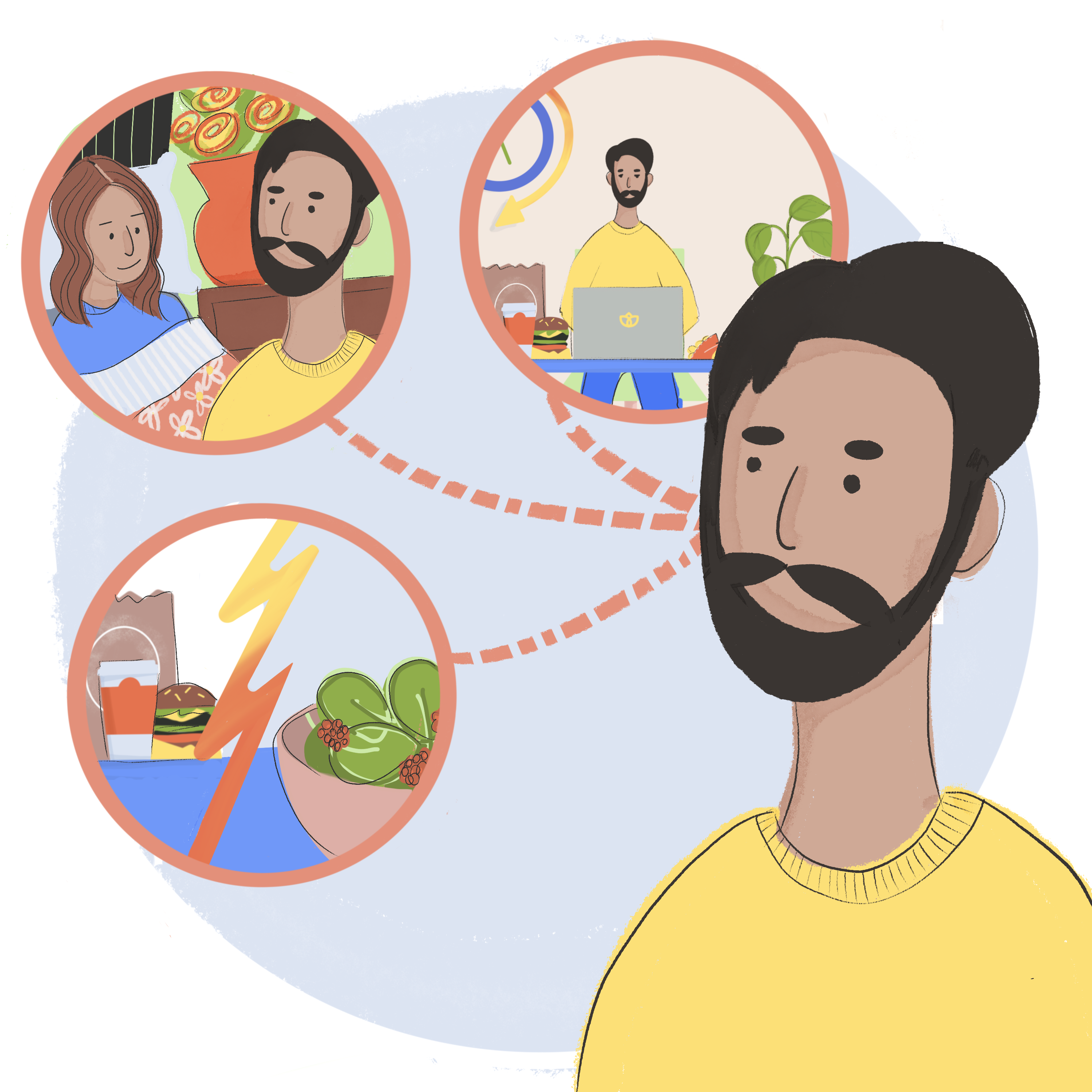 An illustration showing a character Bob. Bob is caring for his Mom and learning about his own health risks. They are depicted in bubbles and include sedentary lifestyle and bad diet.
