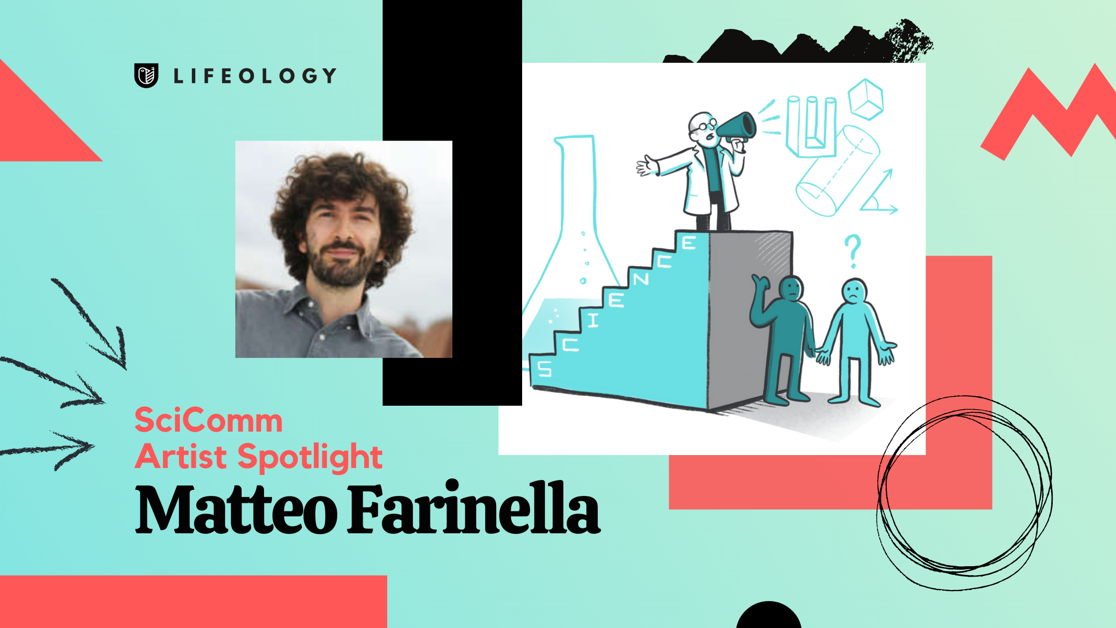 A banner showing an image of Matteo Farinella and an illustration from the scicomm course he illustrated.
