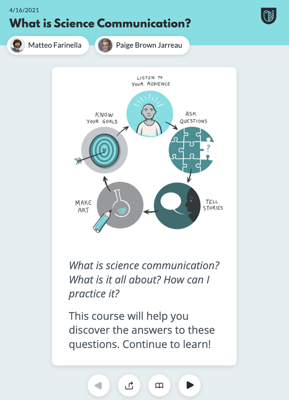A screenshot of the Lifeology Uni SciComm Course "What is Science Communication". The image shows how the course looks on a mobile device and shows the front cover image and text.