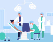 Childbirth in hospital flat vector illustration. Cartoon doctor characters examining pregnant woman patient in medical clinic perinatal centre before baby birth. Maternity hospital ward background