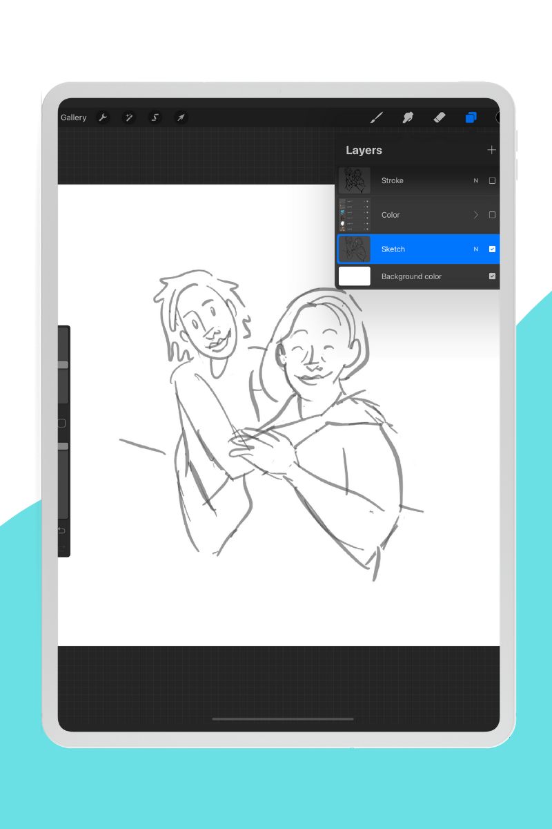An illustration in the Procreate app showing a sketch layer. Illustration by Doryan Algarra.