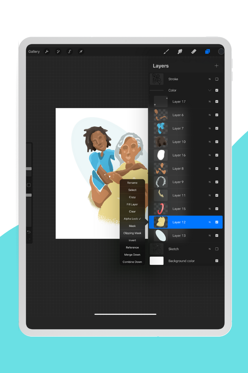 An ipad sgowing the Procreate app and the alpha lock function. Illustration by Doryan Algarra