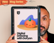 Doryan Algarra holding his iPad with a drawing of a pumpkin and the words Digital Drawing with Doryan