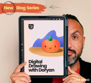 Doryan Algarra holding his iPad with a drawing of a pumpkin and the words Digital Drawing with Doryan