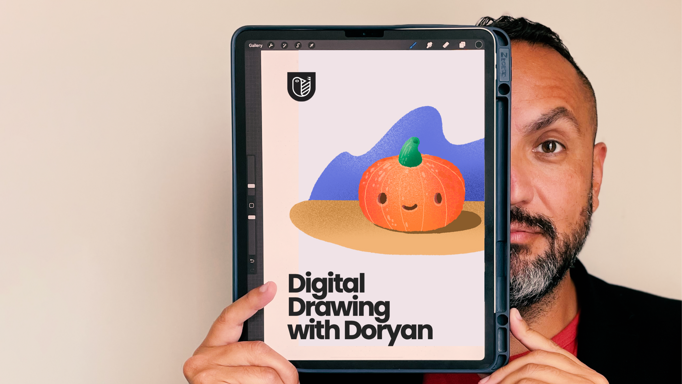 Doryan Algarra holding his iPad with an image of a pumpkin and the words digital drawing with Doryan.