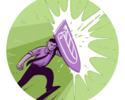 drawing of man holding a shield with lifeology logo on in, shielding himself from a beam of light