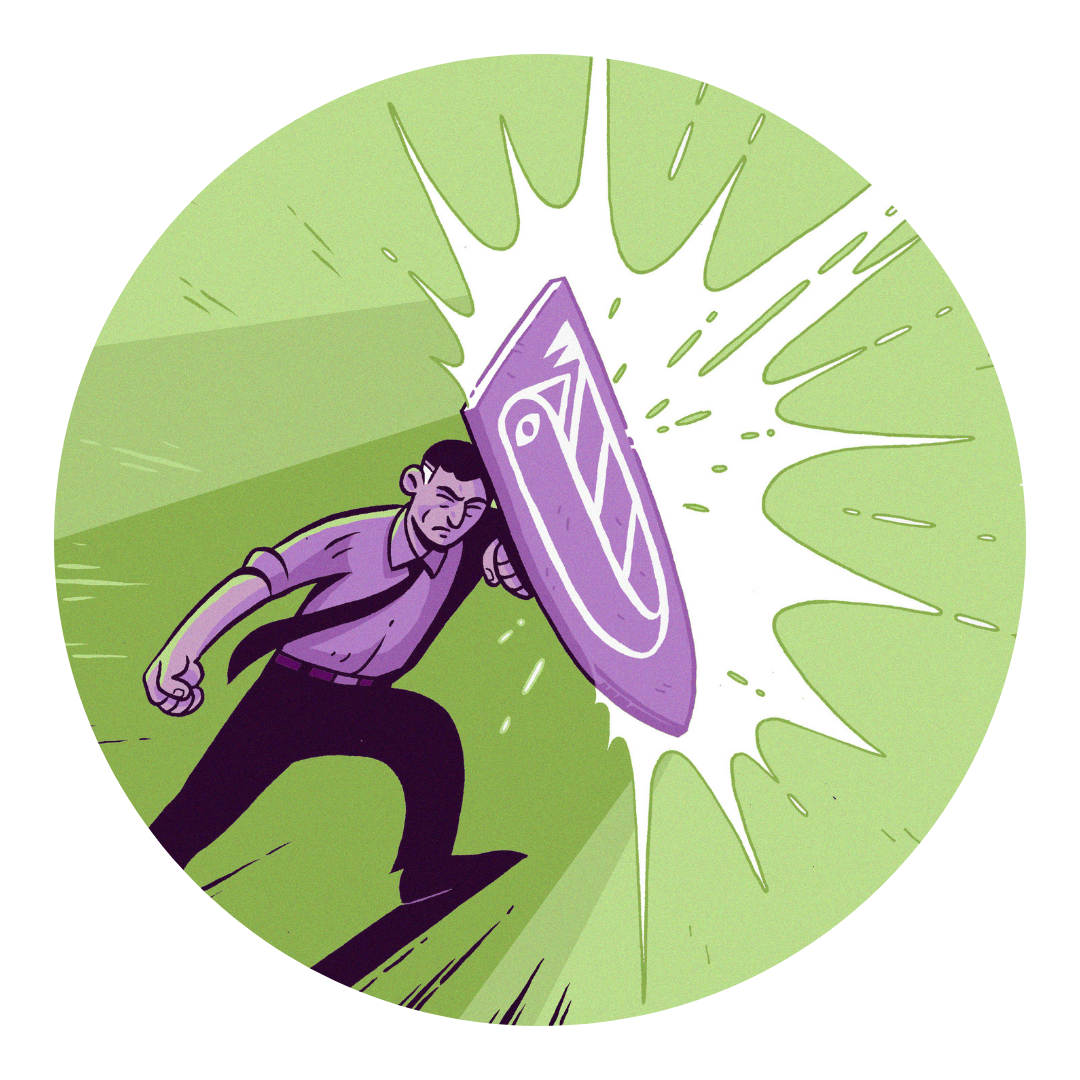 drawing of man holding a shield with lifeology logo on in, shielding himself from a beam of light