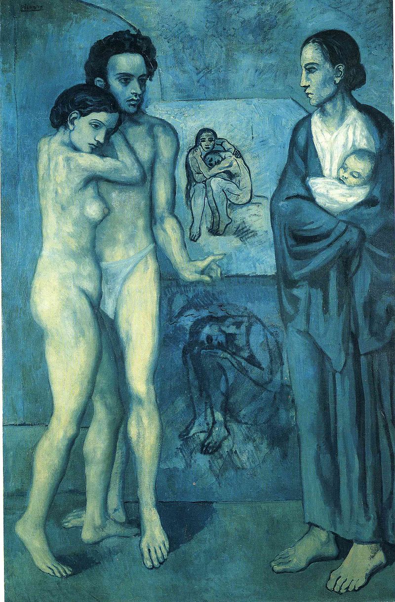 La Vie is a painting by Pablo Picasso. The painting has three central figures; a woman holding a child on the right, and a women leaning on a man on the left. In the middleground appears an outline of a sitting figure, and in the background is a couple sitting on the ground sheltering and embracing each other. The painting is created using shades of blue and blue-green, this gives it a somewhat sombre mood.