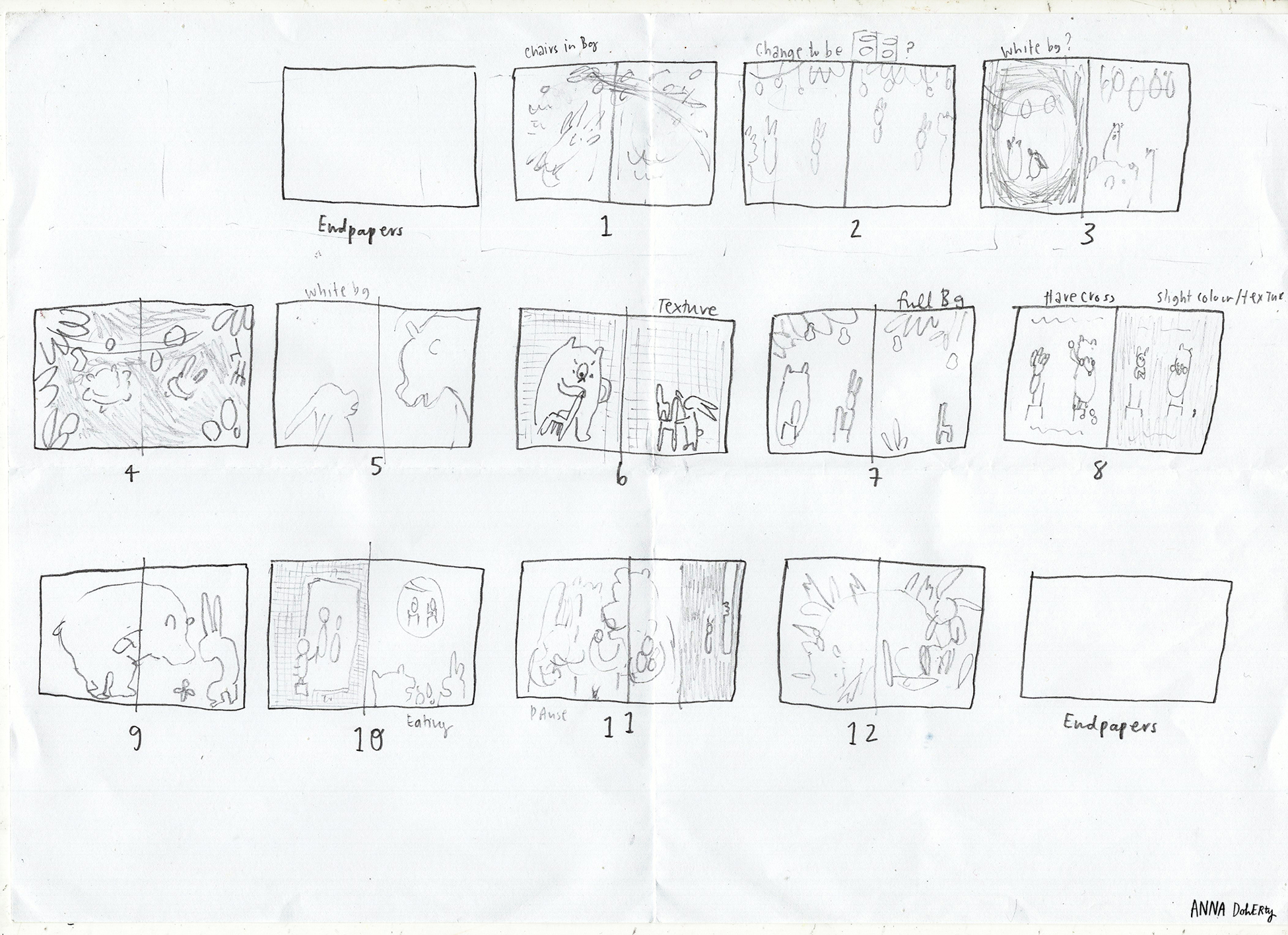 An example storyboard for a book. It shows a sequence of sketches investigating different compositions.