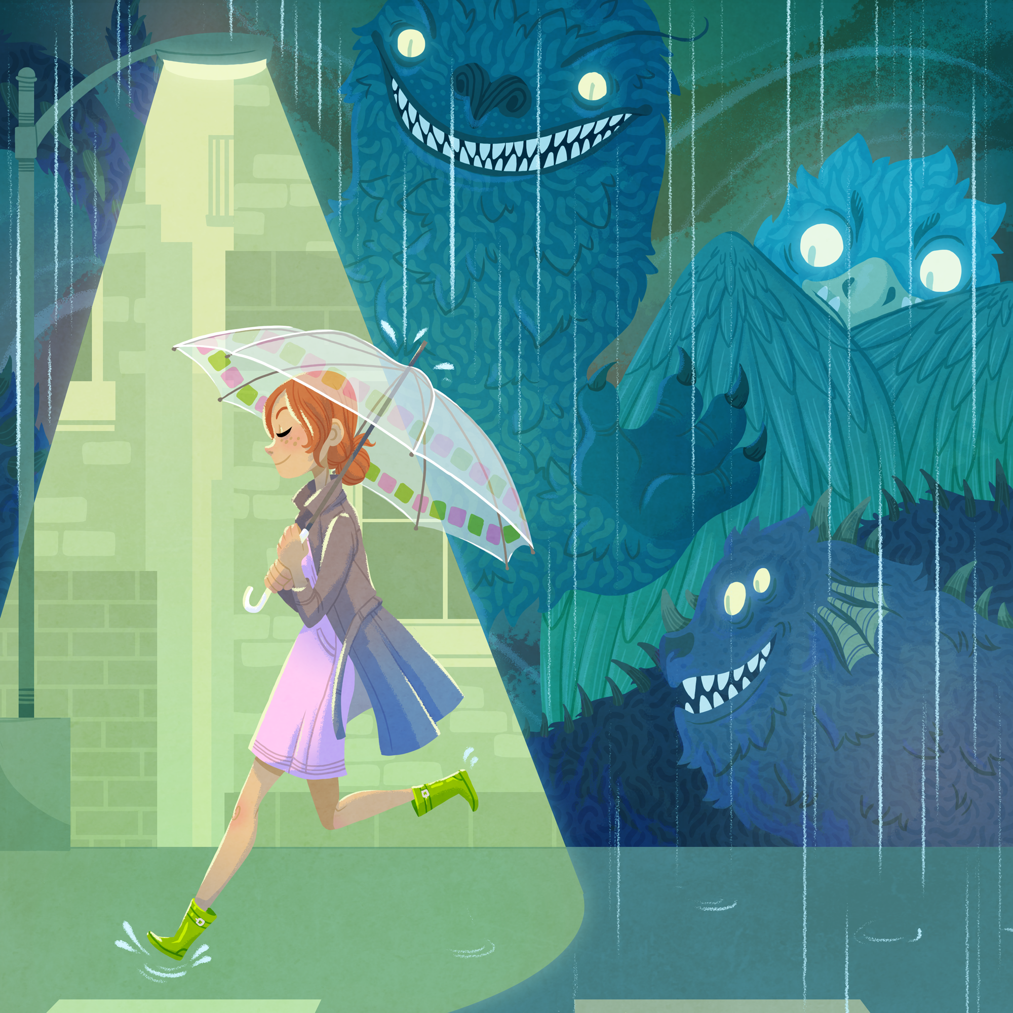 An illustration of a red headed female walking happily through the rain with an umbrella, in the background three monsters lurk within the greenery.